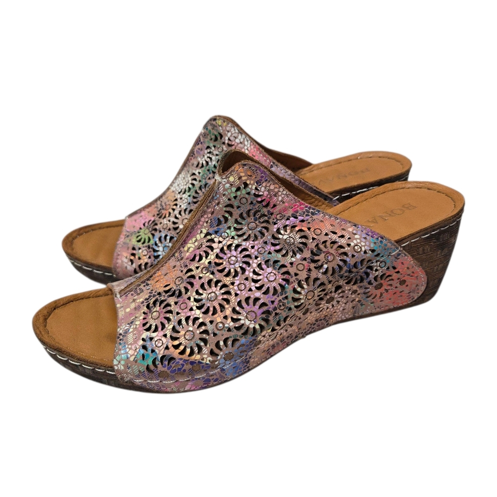 Bonavi Europe Leather Wedge Slide Sandals Metallic